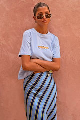 Light blue cotton Cadillac Baby T-Shirt with a retro car motif and striped skirt, designed in London.