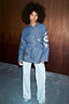 Thumbnail for Blue Denim Manifestation Jacket featuring tarot-inspired embroidery and tie waist, styled with light wash jeans.