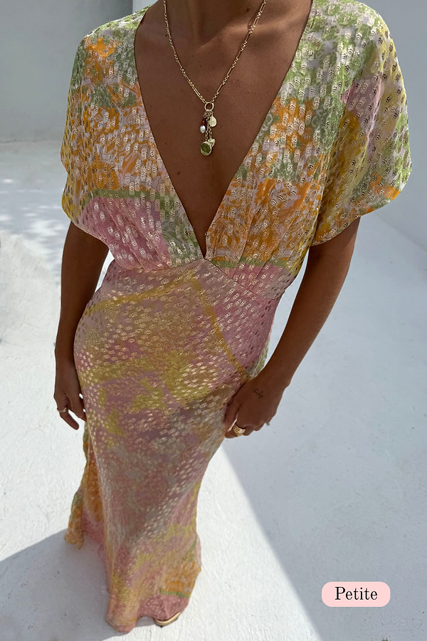 Pink Boho Elodie Dress Petite in a pastel ombre colourway with gold flecks and a deep v-neckline.