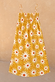 Girl's yellow cotton maxi sun dress with an orange sun print, featuring a shirred bodice and thin straps.