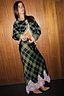 Olive Tartan Maeva midi skirt featuring a green and black check print and pink contrast lace hem, styled as a co-ord.