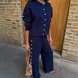 Navy Studded Wide Leg Knit Joggers