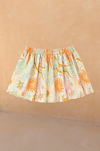 Girl's Starburst Skirt in 100% cotton with a blue and orange sun print and an elasticated waistband.