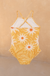 Girl's yellow sun swimsuit with a wavy sun print, featuring thin crossover back straps and soft frill leg details.