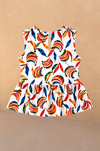NFD Kids multicoloured banana print cotton peplum top with a sleeveless cut and keyhole back.