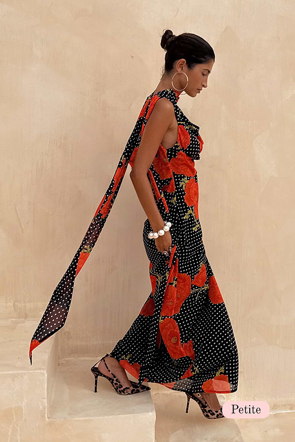Black Poppy Sophie Dress Petite featuring a polka dot and red floral print with a long trailing scarf detail.