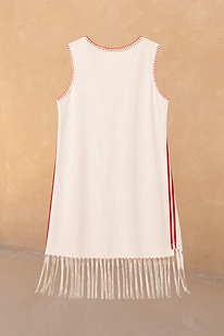 Cream NFD Girl's Banana Jersey Cotton Dress with red whipstitch trims, side stripes and a fringe hem.