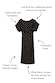 Black Tilly Plisse Dress with gold flecks, short sleeves and elasticated waist, with text callouts on fabric features.