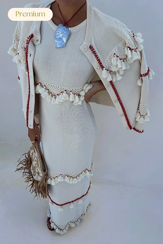 Ivory and Red Harper Dress and cardigan in cream knit with crochet tassels and red beaded trim.