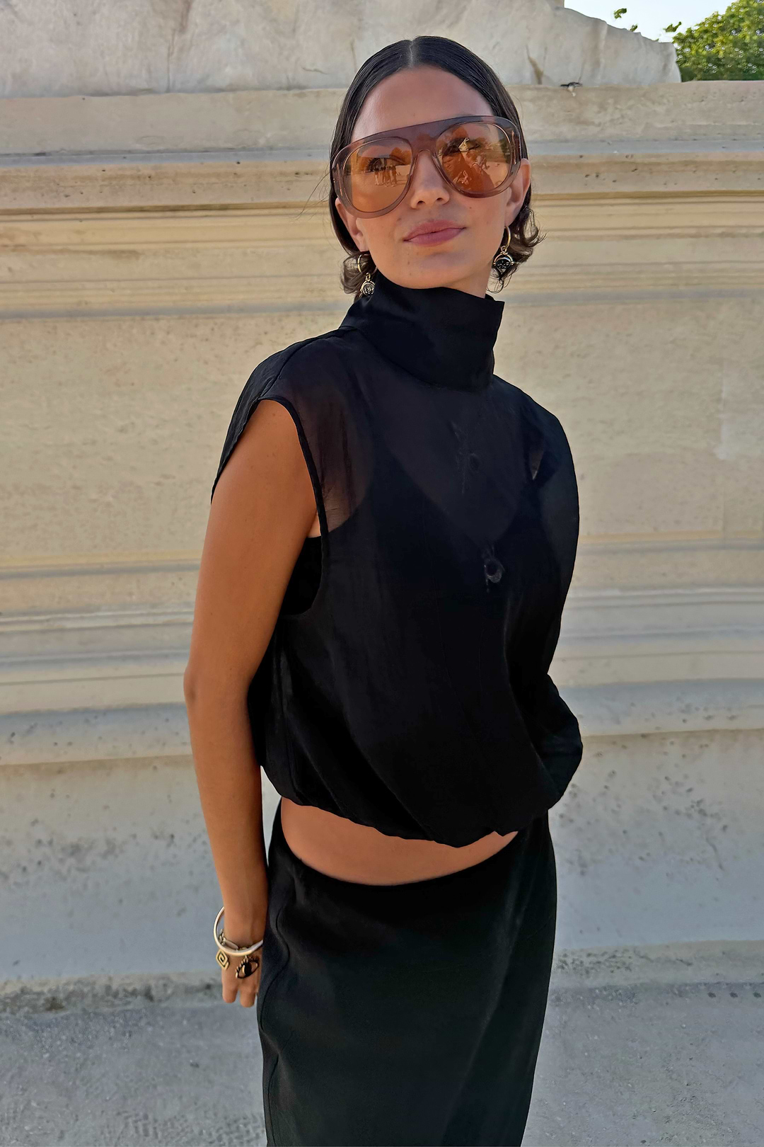 Black Organza Funnel Neck Top