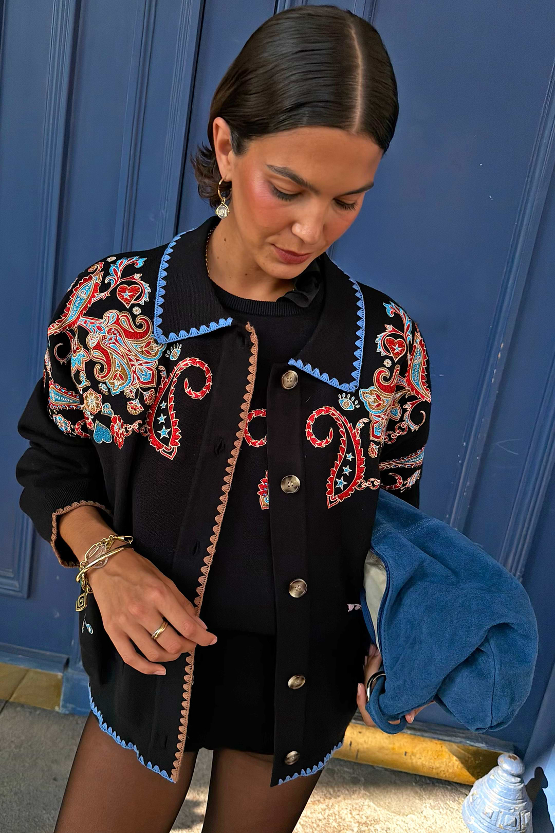 Black Paisley Embroidered Cardigan