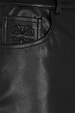 Black Vegan Leather Trousers featuring a detailed scroll motif on the front pocket.