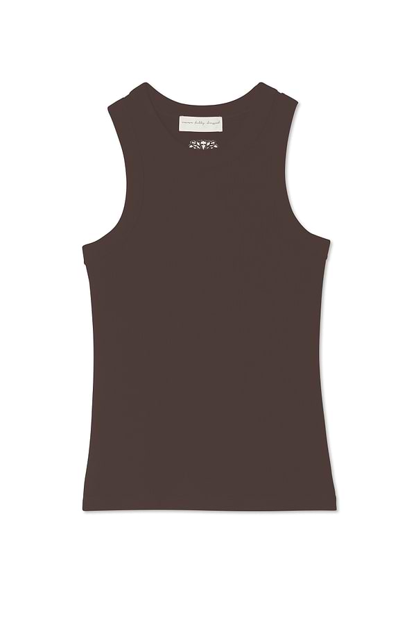 Chocolate Ribbed Tank with embroidered NFD logo, a soft stretch block colour staple designed in London.