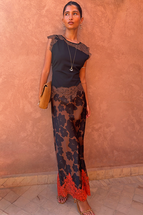 Tan Jaden Floral Midi Meava Skirt