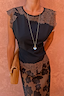 Thumbnail for Black and Chocolate Lace Jersey Top with chocolate lace trim at the neckline and hem, styled with a gold necklace.