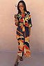 Thumbnail for Blue Palm Shirt Dress featuring vibrant orange and yellow palm motifs, a button-up front and adjustable tie-waist.
