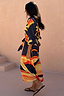 Thumbnail for Blue Palm Shirt Dress with iconic orange and yellow palm motifs, featuring a waist tie and midaxi hem.