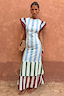 Thumbnail for Blue Stripe Alena Midi Dress with green and burgundy tiered stripes and frill sleeves on a model.