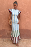 Thumbnail for Blue Stripe Alena Midi Dress with tiered green and burgundy stripes and frill sleeves against a terracotta wall.