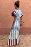 Blue Stripe Alena Midi Dress with burgundy frill sleeves and a multi-coloured tiered striped hem, back view.
