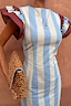 Thumbnail for Blue Stripe Alena Midi Dress with vertical stripes and burgundy frill sleeves, styled with a leopard print clutch.