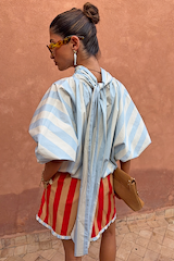 Blue Stripe Batwing Blouse featuring voluminous sleeves and a long back tie detail, shown from a back view.