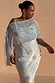 Blue Soleil Anais Dress featuring a sheer off-the-shoulder top and Mediterranean sun motif skirt in inclusive sizing.