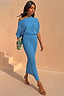 Thumbnail for Blue Plisse Tilly Dress with gold fleck detailing, designed in London with a draped neckline and elasticated waist.