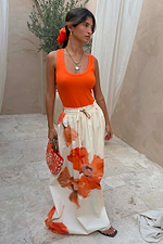 Blurred Floral Midi Skirt in cream cotton with orange floral print and drawstring waist, designed in London.