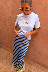 Cadillac Baby T-Shirt in blue cotton with a retro car motif, styled with a striped slip skirt.