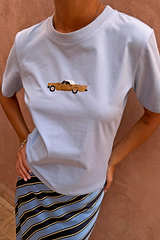 Cadillac Baby T-Shirt in blue stretch cotton with a retro car motif, styled with a striped skirt.
