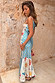 Reversible Celestial Patti Dress in a blue and white celestial print with a satin-esque finish and asymmetric hem.