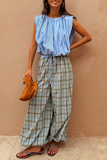 Blue Check Balloon Trousers with a relaxed pull-on leg and drawstring waist, paired with a striped sleeveless top.