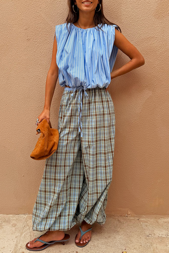 Blue Check Balloon Trousers with a relaxed pull-on leg and drawstring waist, paired with a striped sleeveless top.