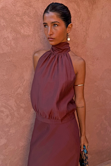 Chocolate Billie Top with a high halterneck and soft gathers, a multi-wear statement staple in a rich chocolate tone.