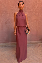 Chocolate Billie Top and Daphne Skirt co-ord featuring a high-neck halterneck and straight, fluid silhouette.