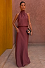 Chocolate Daphne Skirt in a straight maxi length, worn as a co-ord with a matching high-neck halter top.