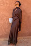 Thumbnail for Chocolate Tie Neck Blouse and Maeva Skirt co-ord with a black lace border and a satin-esque finish.