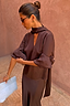 Thumbnail for Chocolate Tie Neck Blouse in a rich brown satin with volume sleeves and a versatile multi-wear tie neck.