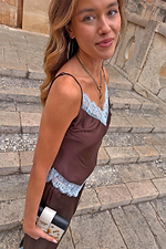 Chocolate Aurelia Top with blue lace trim and adjustable straps, designed in London with a satin-style finish.