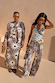 Chocolate Soleil Rib Dorris Skirt in a brown soleil print, styled as a co-ord and shown on two models.