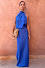 Thumbnail for Cobalt Billie Top with a high scarf neckline and gathered front, styled as a vibrant blue co-ord with a matching skirt.