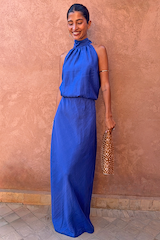Cobalt Daphne Skirt in vibrant blue, paired with a matching halter neck top and leopard print clutch bag.