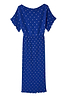Thumbnail for Cobalt blue Tilly plisse dress with silver dots, featuring an off-the-shoulder neckline and elasticated waist.