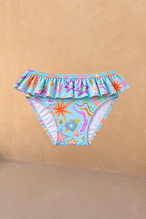Girl's blue Starburst print bikini bottoms featuring a frill waistband and colourful star motifs.