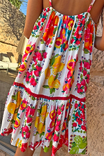 White Fruit Stamps Mini Dress with Mediterranean-inspired fruit print, tiered skirt and red trim in a cotton blend.