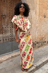 Fruit Stamps Florence Top in cream cotton linen with asymmetric ruffles and side ties, styled as a co-ord.