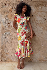 Fruit Stamps Remi Dress in a cotton-linen blend with a bold fruit sticker print and ruffle sleeves.