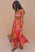 Pink Fruit Stamps Skirt featuring a Mediterranean fruit print, shirred waistband and side split detail, styled for vacation.