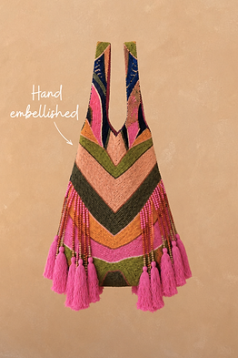 Abstract Beaded Fringe Bag featuring hand-embellished glass beads in a green abstract stripe print with pink tassels.